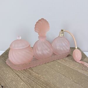 Vintage Frosted Pink Glass Perfume Vanity Set Atomizer Tray Dressing Table Set